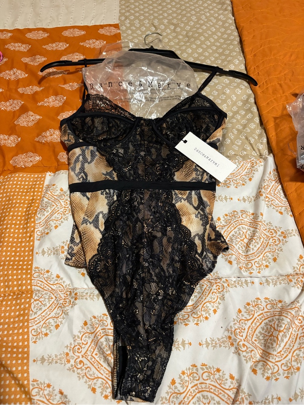 Dance & Marvel Black Lace Snake-Print Chemise Bodysuit